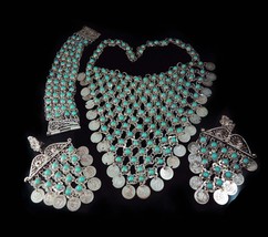 Vintage Fringe necklace - turquoise bracelet - chandelier earrings - hippie bib - £259.19 GBP