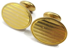 Signed Kremitz Yellow Gold Plate Cufflinks Oval Ribbed Face Fixed Post Bean Back - £46.70 GBP