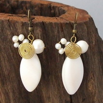 Elegant White Seashell Ovals, Pearls and Brass Spirals Dangle Earrings - £7.82 GBP