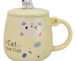 Yellow Calico Cat Love Fish Coffee Mug Cup With Spoon And Kitten Knob Li... - $17.99
