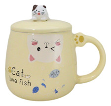 Yellow Calico Cat Love Fish Coffee Mug Cup With Spoon And Kitten Knob Lid 15oz - £14.15 GBP