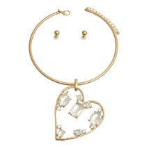 Fashion Hollow Heart Clear Crystal Gold Plated Rigid Collar Necklace Set... - $54.88
