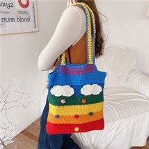 New Design Knitted Rainbow Colors Women Shoulder Bags Classic Large Shopping Bag - £26.79 GBP
