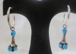Vtg Estate Sterling Silver Turquoise Navajo Squash Blossom Hoop Dangle Earrings - £78.56 GBP