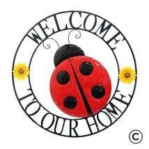 Ladybug Wall Plaque Welcome Sentiment Metal Round 22" Diameter Red Black