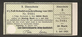 Germany 3. Zinsschein Lech Elektrizitatswerke AG Coupon Kupon 1921 - 192... - £7.50 GBP