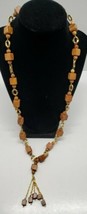 Vintage Wooden Beaded Necklace Wood Cube &amp; Beads Gold Accents Retro Funky Boho - £18.88 GBP