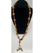 Vintage Wooden Beaded Necklace Wood Cube &amp; Beads Gold Accents Retro Funk... - £18.97 GBP
