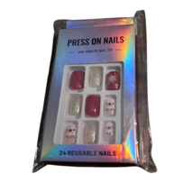 New 24-Piece Set Press-On Nails - Festive Red and Snowflake Design - £4.82 GBP