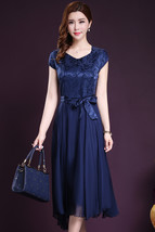 Unomatch Women Silk Printed Top Bow Waist Special Occasion Dress Blue - £23.83 GBP