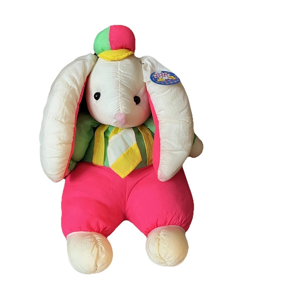 Vtg Plush Poly Neon Pink Green  Easter Bunny W/Hat &amp; Tie NWT 19” 90s 80s... - $18.99