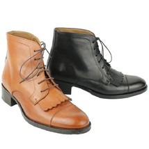 Handmade Men Black Tan Leather Ankle Boot Cap Toe Fringes , Men Black Ankle Boot - £119.74 GBP