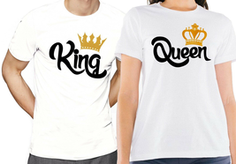 Nwt King Queen Gold Crown Couple Matching Valentines Day White Crew Neck T-SHIRT - £10.02 GBP