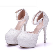 White Lace High Heels Platform Pumps Party Wedding Shoes Ankle Straps Women Sand - £65.51 GBP