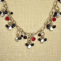 Roses White Floral Print Black Beads Charm Links Necklace Lt Gold Tone Metal 34&quot; - £18.66 GBP