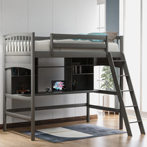 Twin size Loft Bed with Storage Shelves, Desk and Ladder, Gray - £489.21 GBP