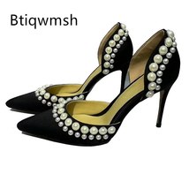 Black Luxury Satin Sandals Woman Pointed Toe Pearl High Heels Lady Sexy Party Sh - £111.96 GBP