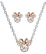 Disney Minnie Mouse Silver Plated Jewelry Set Crystal Necklace &amp; Stud Ea... - £118.67 GBP