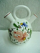 g121 Anfora Portuguese Pottery Double Spout Hand Painted Flower Vase Pit... - $5.22