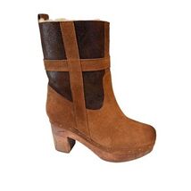 Five Worlds Boots Womens Size 7 Brown Suede Shearling Mid Calf Wooden Heel - $94.99