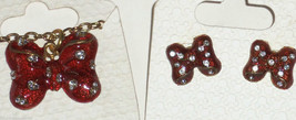 Disney Minnie Mouse Red Bow Necklace Earrings Pierced Post Gold Theme Parks - £39.80 GBP