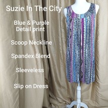 Suzie In The City Blue &amp; Purple Print Slip On Dress Size L - £14.84 GBP