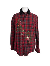 Vintage Casey &amp; Max Womens Shirt Size XL Red Plaid Cotton Christmas Embroidered - £11.67 GBP