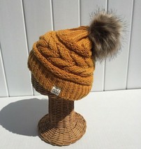 Winter Knit Beanie Hat Skull Cap Soft Solid Yellow with Camel Fur Pom Re... - £6.86 GBP