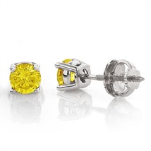 3.50CT Round Canary Yellow Solid 18K White Gold Stud ScrewBack Earrings - £196.62 GBP