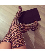 Compelling Gold Rivets Studded Caged Thigh High Long Summer High Heel Sh... - £207.00 GBP