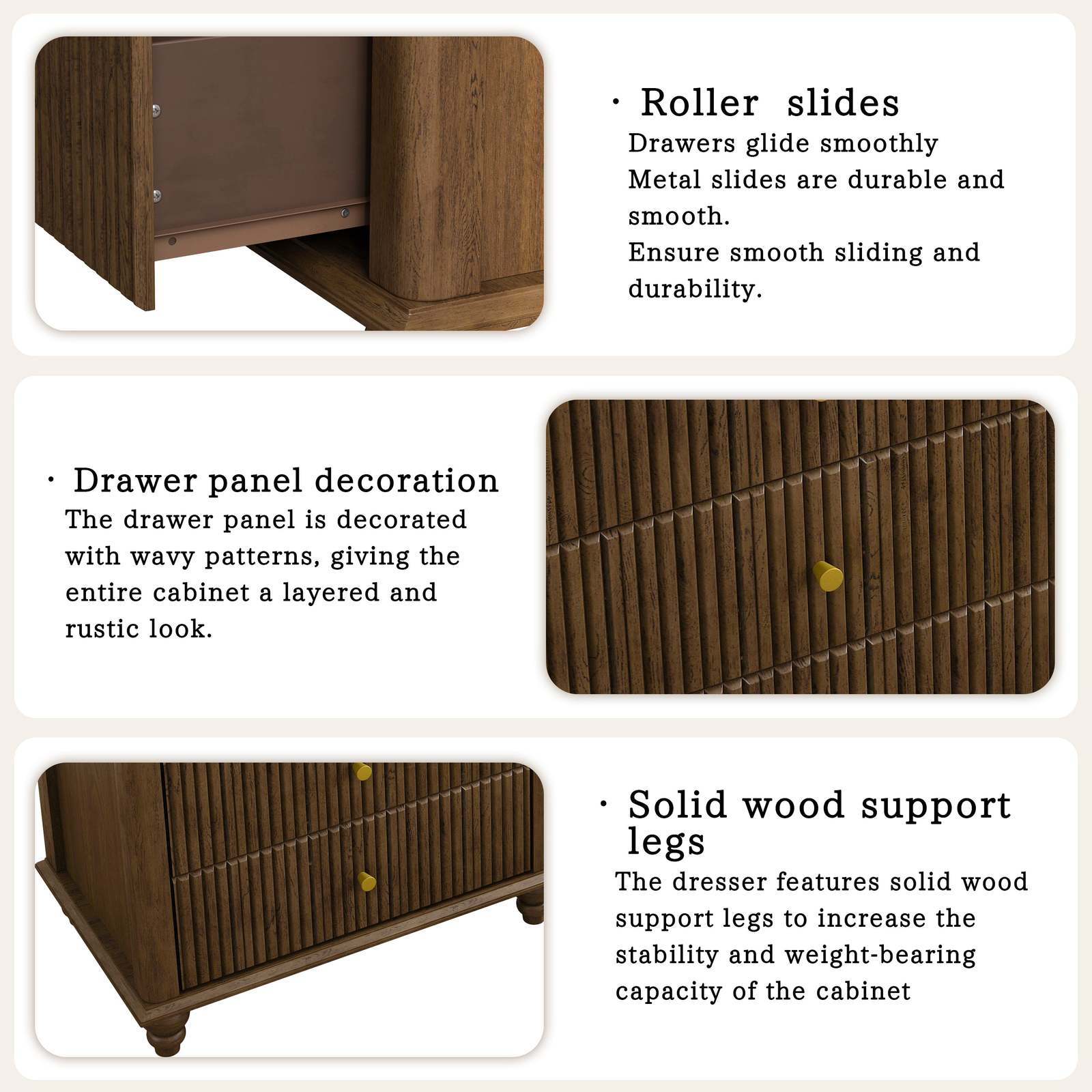 Modern Walnut Fluted 5-Drawer Dresser - 45" Tall Bedroom Chest Item image 6