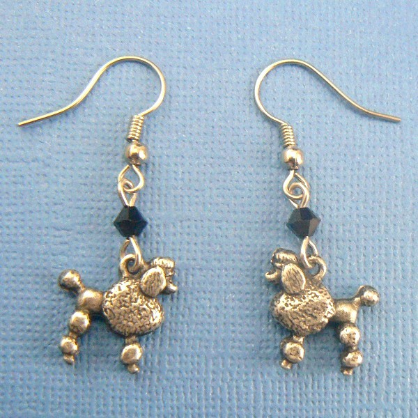 Poodle Dog Earrings - Silver Pewter w/ Crystal Bead (EAR205) - £7.86 GBP