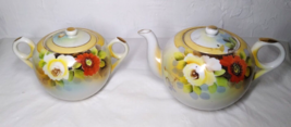 Vintage Teapot &amp; Sugar Bowl w/Lid Poppy Flowers Gold Trim Orange White Japan - £16.59 GBP