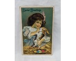 Vintage Easter Greetings Little Girl Holding Rabbit With Colored Eggs Po... - $24.74