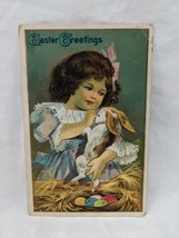 Vintage Easter Greetings Little Girl Holding Rabbit With Colored Eggs Po... - $24.74