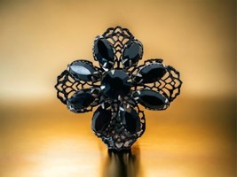 Lacey Stylized Black Flower Silver Tone Metal Vintage Brooch Pin Stones - $23.25