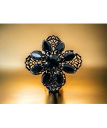 Lacey Stylized Black Flower Silver Tone Metal Vintage Brooch Pin Stones - $32.62 CAD