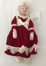 Porcelain Doll Christmas Ornament Burgundy Dress Lace Trim 7.5&quot; - £11.73 GBP