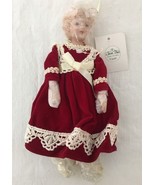 Porcelain Doll Christmas Ornament Burgundy Dress Lace Trim 7.5&quot; - £11.93 GBP