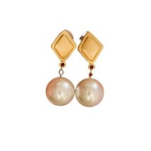 Signed Napier Earrings Pierced Gold Tone Drop Faux Pearl Dangle 1.75” - £16.57 GBP