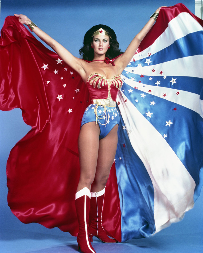 Primary image for Wonder Woman Lynda Carter Full Length Holding Up Stars & Stripes 16x20 Canvas