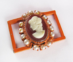 Little Vintage Costume Pearl Cameo Ribbon Collar Slide Buckle - £11.67 GBP