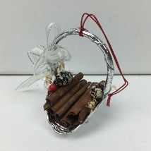 Christmas Ornament Silver Basket Wood Sticks Mini Pinecones Holly Berrie... - £13.54 GBP