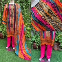 Pakistani Hot Pink Printed Straight Shirt 3-PCS Lawn Suit w/ Threadwork ... - $926.71 MXN