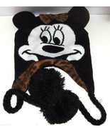 Disney Minnie Mouse Hat Hoodie Knit Fleece Winter Pom Poms Animal Print Bow - $19.95