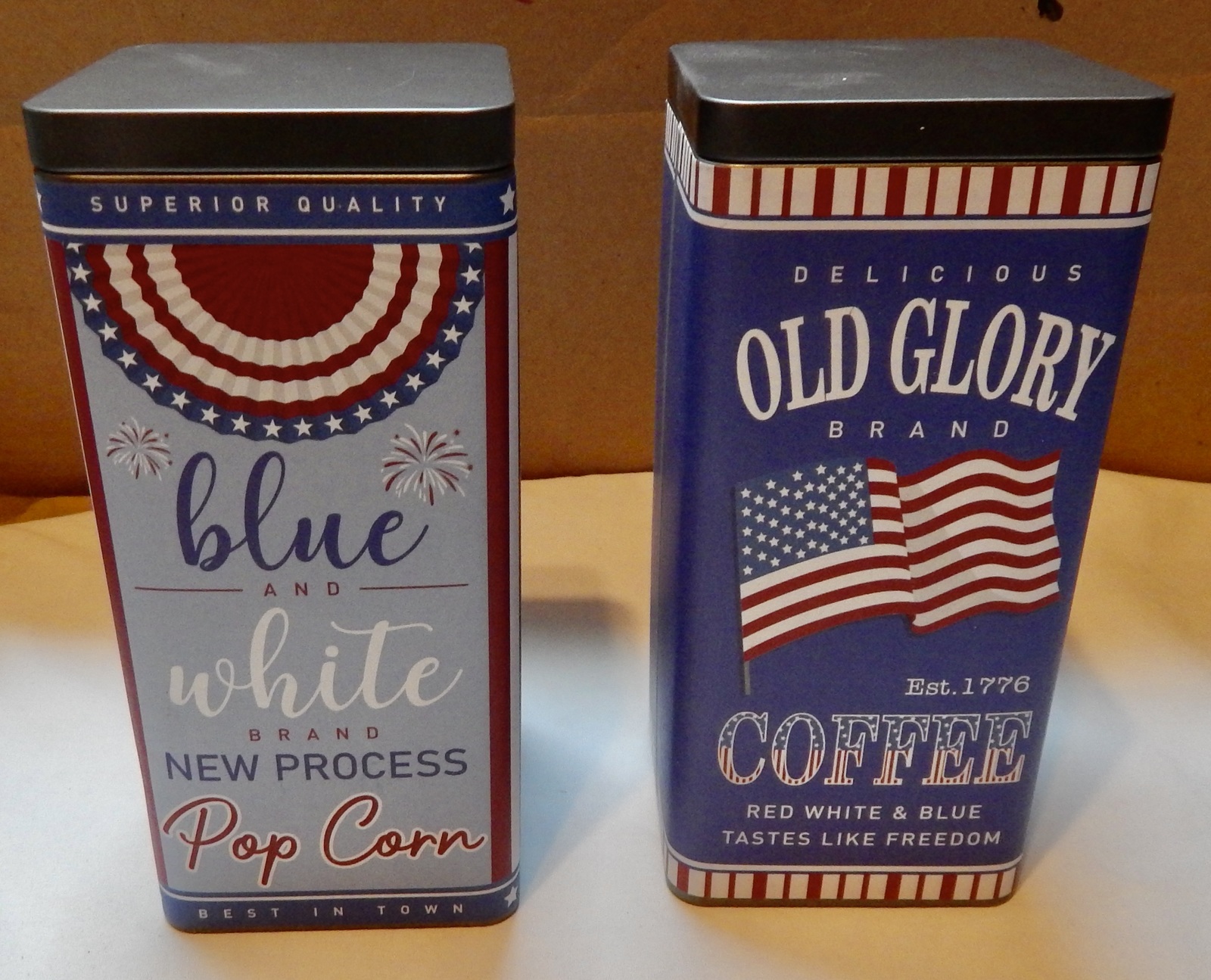 4th Of July Red White & Blue Decor Tin Containers 2ea 8" x 3 1/2" x 3 1/2" 278N - $19.49