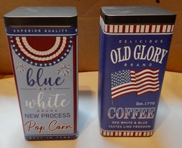 4th Of July Red White &amp; Blue Decor Tin Containers 2ea 8&quot; x 3 1/2&quot; x 3 1/... - £15.41 GBP