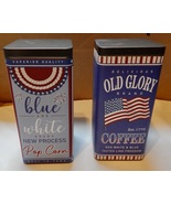 4th Of July Red White &amp; Blue Decor Tin Containers 2ea 8&quot; x 3 1/2&quot; x 3 1/... - £15.57 GBP