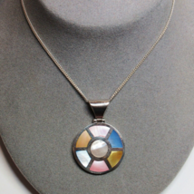 All Solid Sterling Silver Mother of Pearl Inlay Pink Blue Pendant Necklace 22.3g - £40.78 GBP