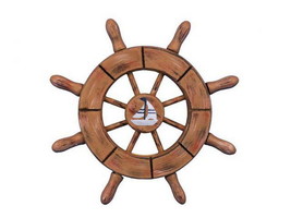 [Pack Of 2] Rustic Wood Finish Decorative Ship Wheel With Sailboat 6&quot; - £38.41 GBP